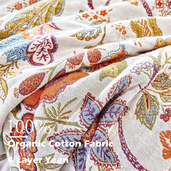 Boho Throw Blanket, 100% Organic Cotton Breathable Ultra Soft Bed Quilt Throw - All Season Floral Bird Butterfly Farmhouse Decor Blanket for Sofa Couch Chair and Gift. 60" x 80"-Ruum Studio Home