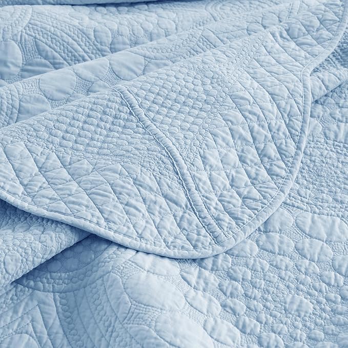 MarCielo 3-Piece 100% Cotton Oversized Bedspread Lightweight Quilt Coverlet Embroidery Farmhouse Bedding Set (Tf Light Blue, Oversized King (118"x106"))-Ruum Studio Home