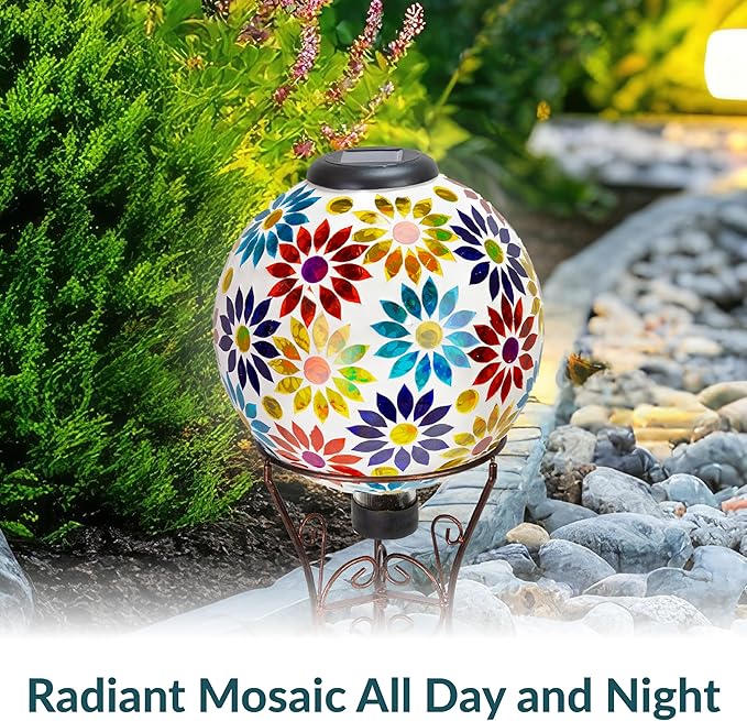 Sunnydaze 10 inch Solar Gazing Ball for Garden - Glass Outdoor Gazing Globe - Midsummer Dahlias-Ruum Studio Home