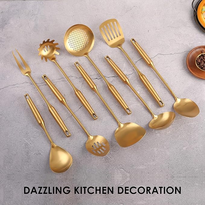 Gold Kitchen Utensils Set - 18/10 Stainless Steel Cooking Tools, 15" All Metal Serving Utensils with Fork, Solid/Slotted Spoon, Spatula, Ladle, Skimmer, Tunner, Pasta Spoon, Large Spoon, Set of 9-Ruum Studio Home