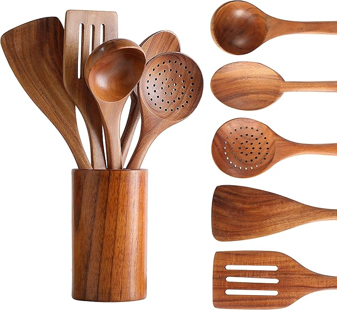 Wooden Spoons for Cooking, Cooking Utensils Set of 6 Natural Teak Wooden Cooking Spatulas with Utensils Holder Comfort Grip Wooden Kitchen Utensils for Nonstick Cookware-Ruum Studio Home