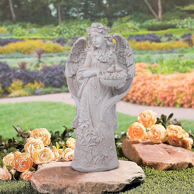 Outdoor Statues Angel Décor Garden Statue,23.5" H Angel Statue, Resin Angel with Bird Figurine,Gifts for Women and Men,Outdoor Garden Decor Ornaments for Outside (White)-Ruum Studio Home