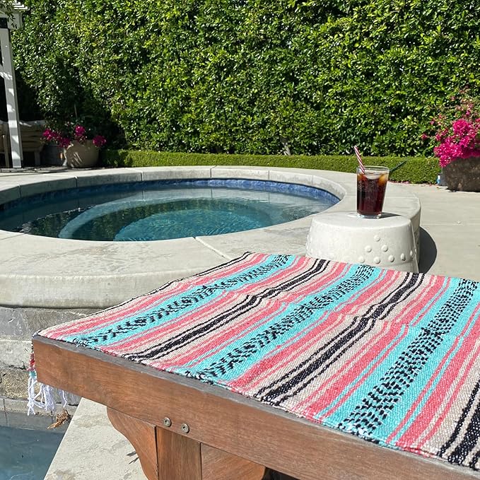 Del Mex Classic Mexican Blanket, Large Authentic Woven Falsa Throw (70"x50"), Artisan Southwest Décor for Beach, Yoga, Outdoors (Mint/Tan/Pink)-Ruum Studio Home