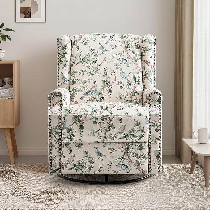 UIXE Swivel Rocker Manual Recliner Chair, Wingback Swivel Glider Fabric Nursery Reclining Sofa Chair, High Back Upholstered Arm Chair for Living Room Bedroom - Bird Pattern-Ruum Studio Home