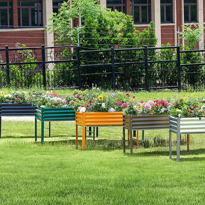 Land Guard Galvanized Raised Garden Bed with Legs, 96×24×32in Raised Garden Beds Outdoor with Drainage Holes, Planter Boxes Outdoor for Backyard, Patio, Balcony, 800lb Capacity, Cream Yellow-Ruum Studio Home