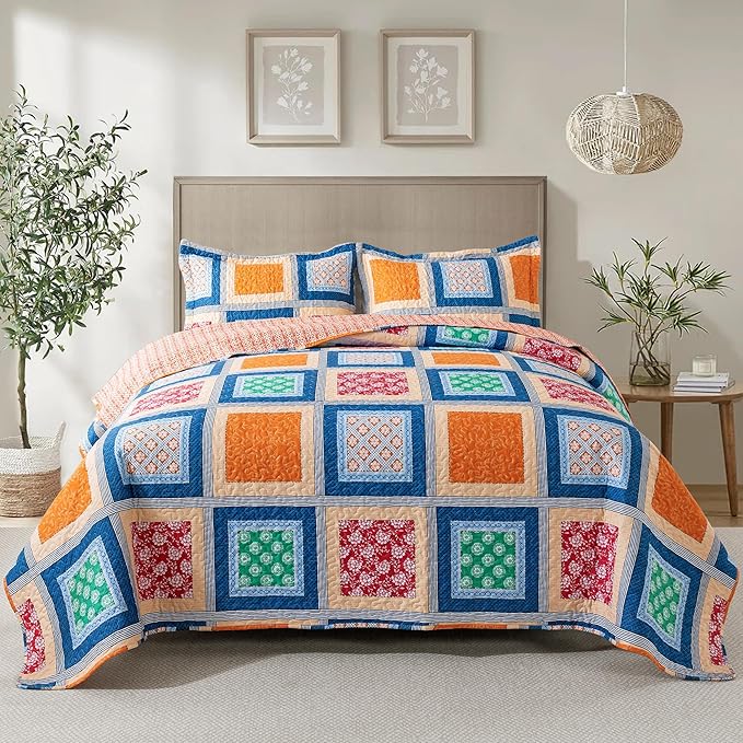 NEWLAKE Quilt Bedspread Sets - Bohemian Farmhouse Pattern Reversible Coverlet Set, Queen Size-Ruum Studio Home