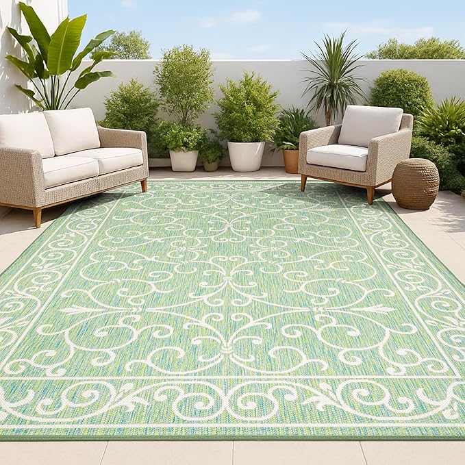 JONATHAN Y Vintage Filigree Indoor Outdoor Area Rug 9X12 Green/Ivory, Charleston Textured Weave for Backyard, Patio, Porch, Easy-Cleaning, High Traffic, Pet-Friendly, Non-Shedding (SMB106K-9)-Ruum Studio Home