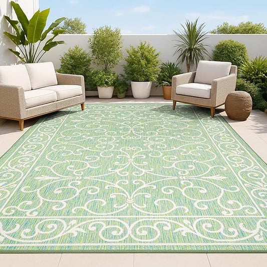 JONATHAN Y Vintage Filigree Indoor Outdoor Area Rug 3X5 Green/Ivory, Charleston Textured Weave for Backyard, Patio, Porch, Easy-Cleaning, High Traffic, Pet-Friendly, Non-Shedding (SMB106K-3)-Ruum Studio Home