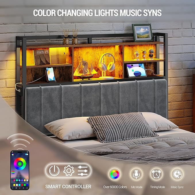 Headboard with 3-Tier Storage Shelves, Velvet Upholstered Head Board with 2 Outlets, USB Ports & LED Light, Soft Backrest for Full Size Bed, Rustic Brown and Black BH13801B-Ruum Studio Home