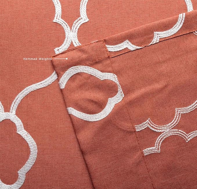 MIUCO Moroccan Embroidered Semi Sheer Curtains Faux Linen Grommet Window Curtains for Girls Room 52 x 63 Inch 2 Panels, Rust-Ruum Studio Home