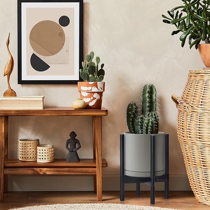 D'vine Dev Ceramic Planter with Ebony Stand - 10 Inch Modern Round Flower Pot with Wood Planter Holder, Grey, 55-B-L-3-Ruum Studio Home