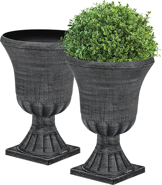 22" Timeless Urn Planters for Outdoor Plants, Set of 2 Plastic Large Flower Pot with Handmade Washed Black Finish, Weather-Resistant for Porch, Garden, Patio or Indoor Use-Ruum Studio Home
