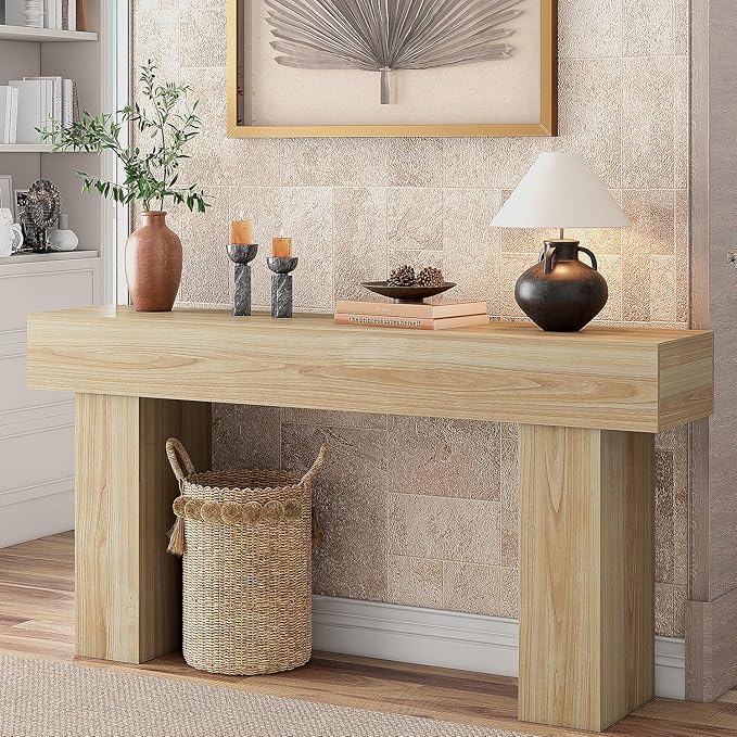 63 Inch Long Console Table for Entryway, Farmhouse Wood Rectangular Sofa Table Behind Couch Table, Narrow Entryway Table for Living Room, Entrance, Hallway, Foyer, Easy Assembly (Natural)-Ruum Studio Home