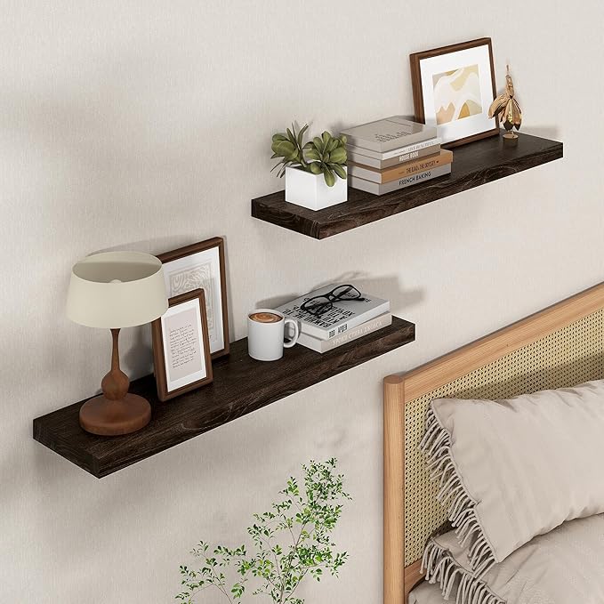 Axeman Floating Shelves for Wall - 32''W x 8'' D Rustic Solid Elm Wood Shelves for Storage, Wall Mounted Display Shelving with Invisible Heavy-Duty Metal Bracket (Walnut, 2PCs)-Ruum Studio Home