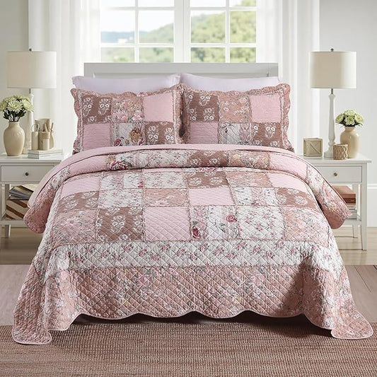 NEWLAKE Quilt Set Queen Size, Cotton Patchwork Pink Floral Quilt Sets, Real Stitched Embroidery Bedspread Lightweight and Breathable for All Seasons, Soft Quilted with 2 Pillow Shams-Ruum Studio Home
