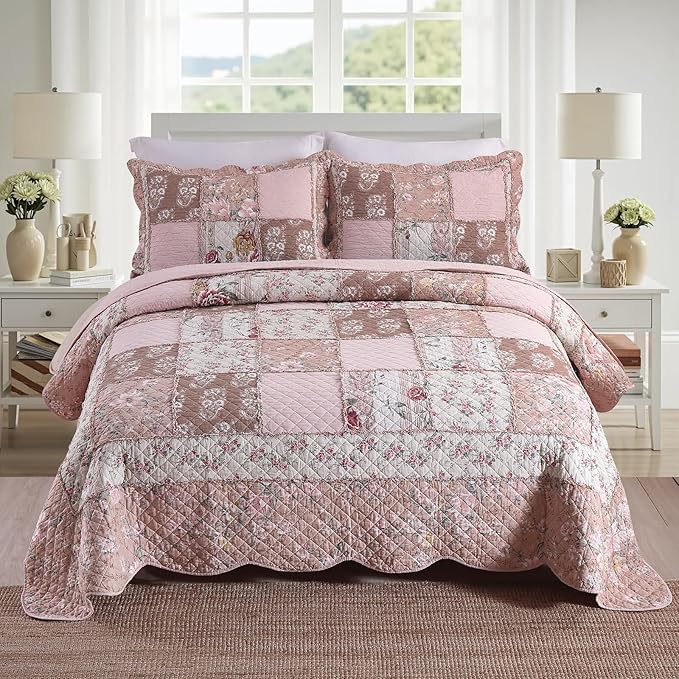 NEWLAKE Quilt Set King Size, Cotton Patchwork Pink Floral Quilt Sets, Real Stitched Embroidery Bedspread Lightweight and Breathable for All Seasons, Soft Quilted with 2 Pillow Shams-Ruum Studio Home