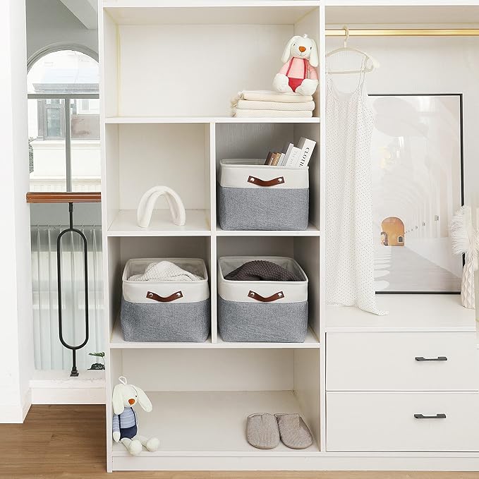 OrganiHaus Extra Large Fabric Storage Baskets for Shelves 3 Pack | 16x13in Closet Storage Bins for Shelves | Cloth Baskets for Organizing | Linen Closet Organizers | Fabric Storage Bin - Gray/White-Ruum Studio Home