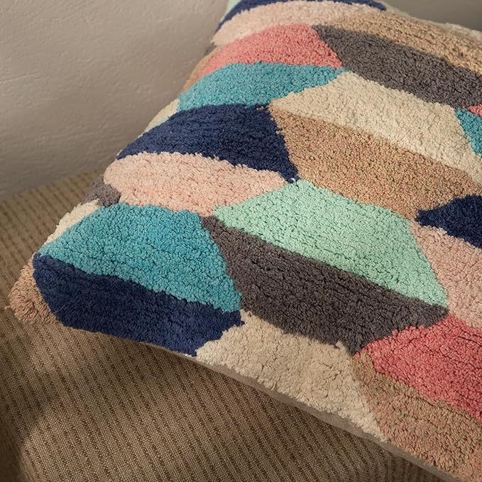 Tuffting Embroidery Decorative Throw Pillow Cover, 18 x 18 inches (Multi Geometrical)-Ruum Studio Home