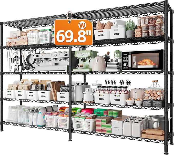 REIBII 1600LBS Storage Shelves Metal Shelving 5 Tier Wire Shelving Unit, 69.8" W Pantry Shelves Kitchen Shelves Adjustable Wire Shelf for Garage Storage Shelves, 69.8" Wx15.8 Dx72.4 H, Black-Ruum Studio Home