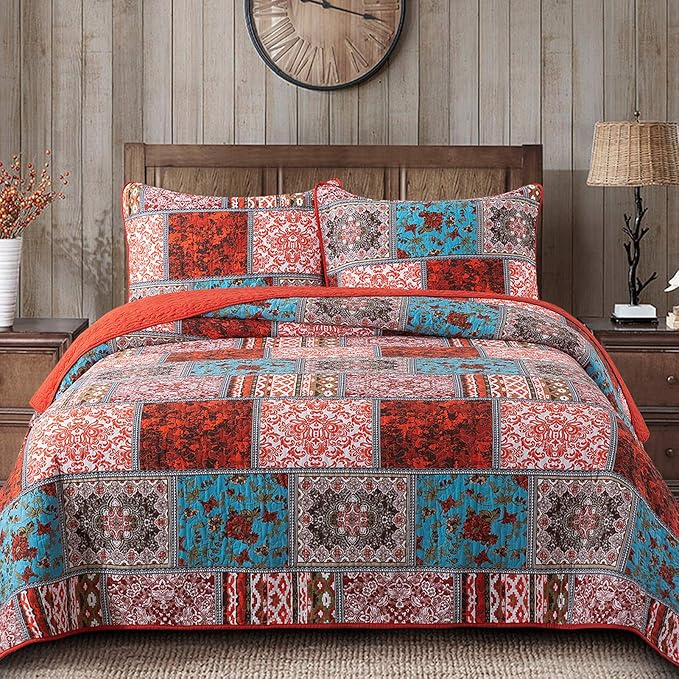 NEWLAKE Cotton Bedspread Quilt Sets-Reversible Patchwork Coverlet Set, Mediterranean Classic Bohemian Pattern,Queen Size-Ruum Studio Home