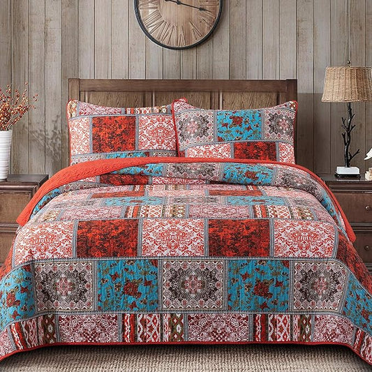 NEWLAKE Cotton Bedspread Quilt Sets-Reversible Patchwork Coverlet Set, Mediterranean Classic Bohemian Pattern,Queen Size-Ruum Studio Home