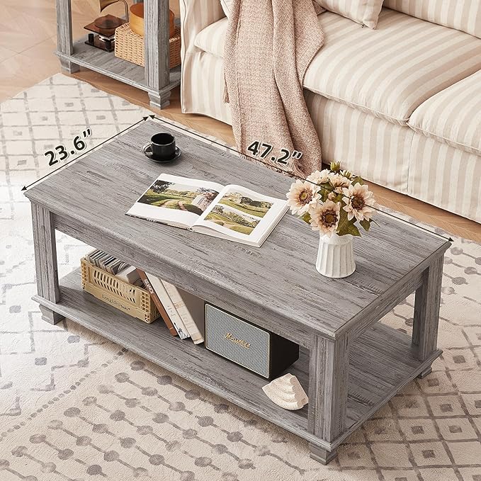 Farmhouse Coffee Tables for Living Room,Square Tea Table with Open Storage Shelf,Large Coffee Table,Rustic Wooden Center Table,Gray-Ruum Studio Home