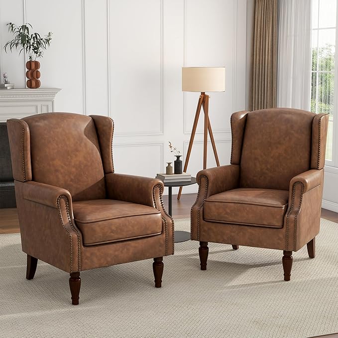 UIXE PU Leather High Back Accent Chairs Set of 2, Upholstered Armchair for Living Room, Retro Wingback Arm Chair Nailhead Trim Single Sofa Bedroom Reading Seat - Brown-Ruum Studio Home