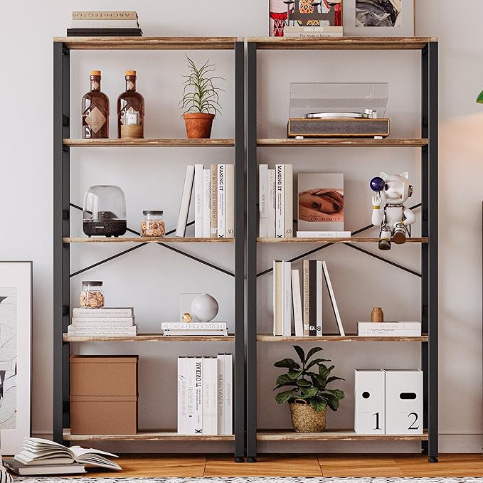 IRONCK Bookshelves and Bookcases, 31.5in Wide Shelf 5-Tier Ladder Shelf 110lbs/shelf Vintage Industrial Style Bookcase for Bedroom Living Room Home, Rustics Brown-Ruum Studio Home