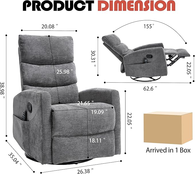 Manual Swivel Rocker Recliner Chair for Adults, Overstuffed Reclining Glider Chair for Nursing with Vibration Massage & Heat, Living Room Rocking Recliner 3-Stage backrest, Chenille Fabric Dark Gray-Ruum Studio Home