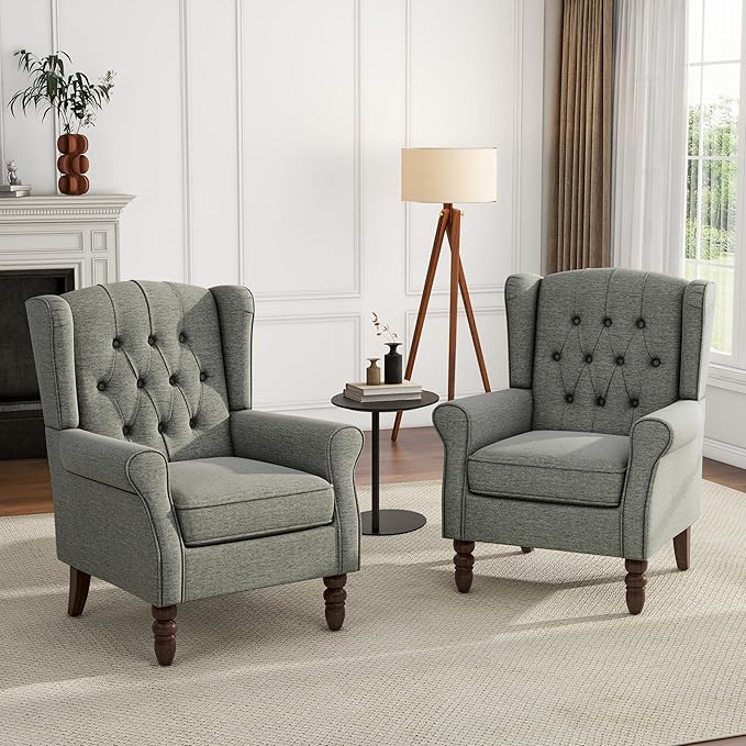 UIXE High Back Accent Chairs Set of 2, Upholstered Armchair in Fabric, Retro Wingback Arm Chair for Living Room, Comfy Single Sofa Bedroom Reading Seat with Solid Wood Legs - Dark Gray-Ruum Studio Home