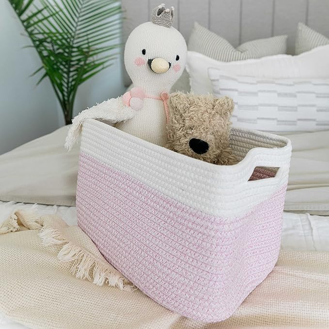 OrganiHaus Woven Storage Baskets for Organizing, Cotton Rope Organizer Bins for Shelves, Closet & Nursery, Dog Toy Basket, Decorative Bins for Toys, Towels & Books - 15x10x9, Pink/Off-White-Ruum Studio Home