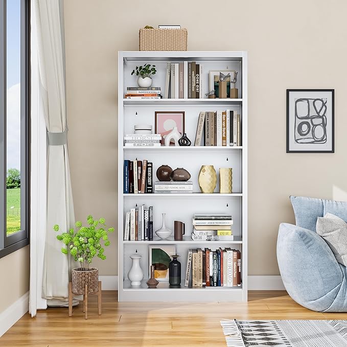 66" Tall Metal Bookcase, 5 Shelf White Bookcase with Adjustable Shelves, Large Bookshelves and Bookcases, Modern Book Shelf Storage Organizer for Living Room, Home Office, Library-Ruum Studio Home