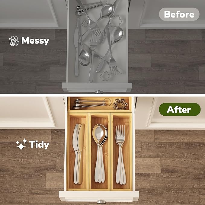 BAMEOS Silverware Organizer, Utensil Drawer Organizer, 4 Slots Kitchen Drawer Organizer, Bamboo Flatware Organizer for Drawer in Natural-Ruum Studio Home