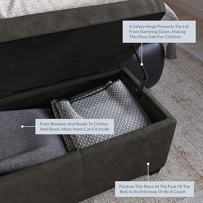 BELLEZE Storage Faux Leather Ottoman, 47 Inch Bench Bedroom Bench with Safety Close Hinge, Extra Long Ottoman with Storage for Living Room, Entryway, Hallway, Foot Rest, Support 300lbs - Rustic Gray-Ruum Studio Home