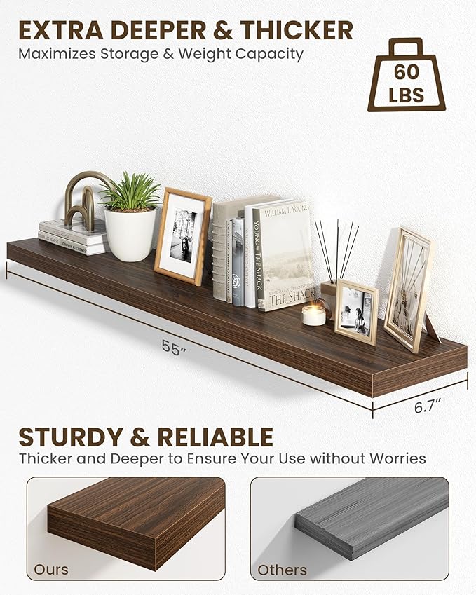 Marsmiles 55" Floating Shelves for Wall, Wooden Shelves with Invisible Brackets Set of 2, Rustic Farmhouse Wall Mounted Shelf for Kitchen Bathroom Living Room Study, Walnut-Ruum Studio Home