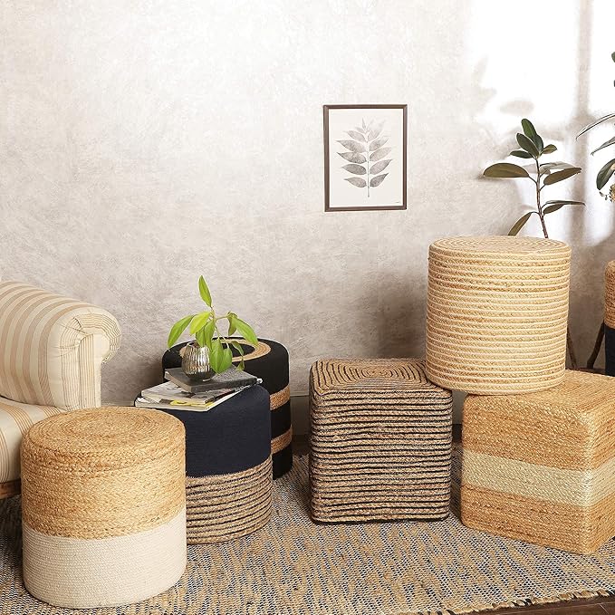 REDEARTH · Cylindrical Pouf Foot Stool Ottoman - Jute Braided Pouffe Poof Sitting Footrest for The Living Room, Bedroom, Nursery, Patio, Lounge & Other Rooms in Home (14.5”x14.5”x16”; Natural Ivory)-Ruum Studio Home