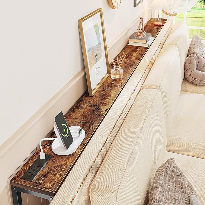 SUPERJARE 78.7 Inch Console Table with Outlet, Sofa Table with Charging Station, Narrow Hallway Entryway Table, Behind Couch Table, for Living Room, Rustic Brown-Ruum Studio Home