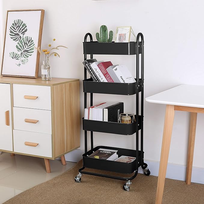 4-Tier Metal Mesh Utility Rolling Cart Storage Organizer Shelf Rack with Lockable Wheels for Living Room Kitchen Office, Black-Ruum Studio Home
