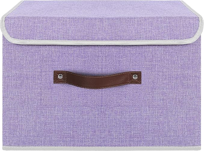 ANMINY 4PCS Storage Bins with Lid PU Leather Handles Storage Boxes PP Plastic Board Decorative Foldable Lidded Cotton Linen Fabric Home Cubes Baskets Closet Organizer Containers - Purple, Large Size-Ruum Studio Home