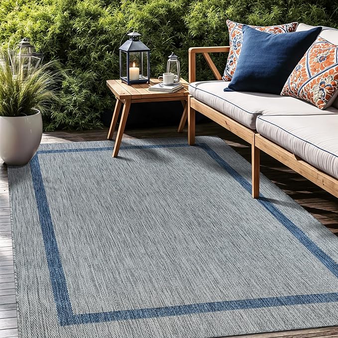 Bordered Outdoor Rug 8x10 Washable Outside Carpet for Indoor Patio Porch Waterproof Easy Cleaning Non Shedding Area Rugs Silver Gray - Blue 8 x 10-Ruum Studio Home