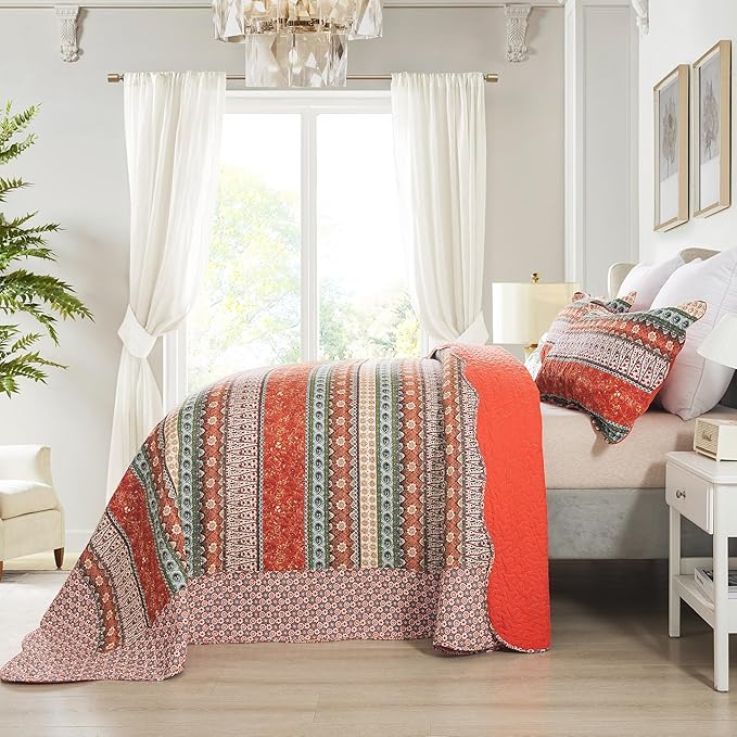 NEWLAKE Cotton Bedspread Quilt Sets - Reversible Patchwork Coverlet Set, Red Striped Jacquard Pattern, California King Size-Ruum Studio Home