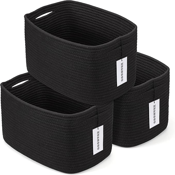 Cotton Rope storage Basket Bins 14.5X9.5X9.3“ Woven Basket for Organizing Shelves Rectangle Decorative Baskets For storage Clothes Toys Books Towels Square Wicker Nursery basket organizer 3 pack black-Ruum Studio Home