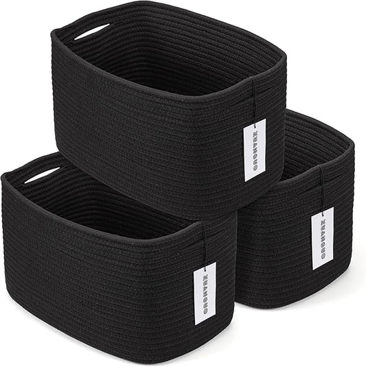 Cotton Rope storage Basket Bins 14.5X9.5X9.3“ Woven Basket for Organizing Shelves Rectangle Decorative Baskets For storage Clothes Toys Books Towels Square Wicker Nursery basket organizer 3 pack black-Ruum Studio Home
