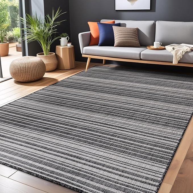 Stripe Outdoor Rug 10x14 Washable Outside Carpet for Indoor Patio Porch Waterproof Easy Cleaning Non Shedding Area Rugs Dark Gray 10 x 14-Ruum Studio Home
