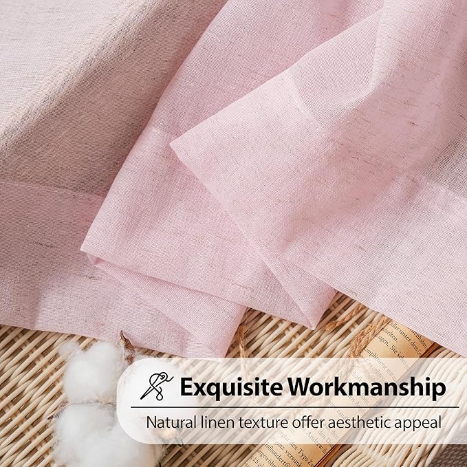 FMFUNCTEX Linen Sheer Curtains for Bedroom, Pink Curtains 63 Inch Length for Living Room, Blush Pink Farmhouse French Flax Blend Window Draperies, Rod Pocket 2 Panels Set-Ruum Studio Home