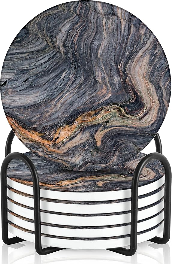 Emerson Coasters for Drinks Absorbent – Natural Stone Drink Coasters Set with Holder, Coasters for Coffee Table, Wooden Tabletop Protection Marble Style – 100% Heavy Duty Set of 6 (Magma)-Ruum Studio Home