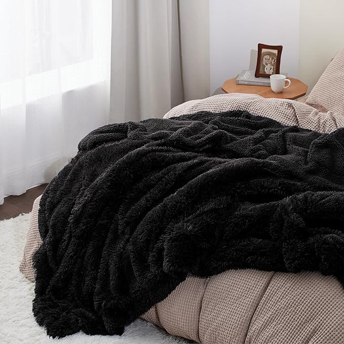 Bedsure GentleSoft Fuzzy Sherpa Faux Fur Twin Blanket Black Cozy Gifts for Women Men, Soft Fleece Plush Warm Minky Thick Blanket Twin Size for Bed, Couch, Dorm Essentials Black Decor Gifts, 60x80-Ruum Studio Home