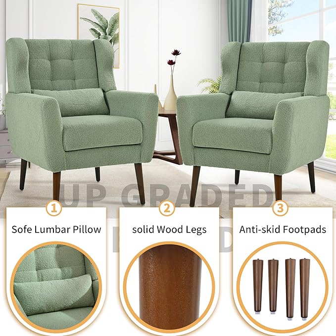 Accent Chair Set of 2, Upholstered Armchair with Pillow, Teddy Single Sofa Chair with Lounge Seat and Wood Legs for Living Room Small Spaces-Ruum Studio Home