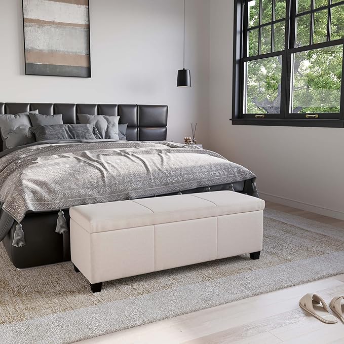 BELLEZE 47 Inch Storage Ottoman, Linen Storage Bench for Bedroom, Living Room, Entryway, Hallway, Foot Rest, Support 300lbs - Beige-Ruum Studio Home