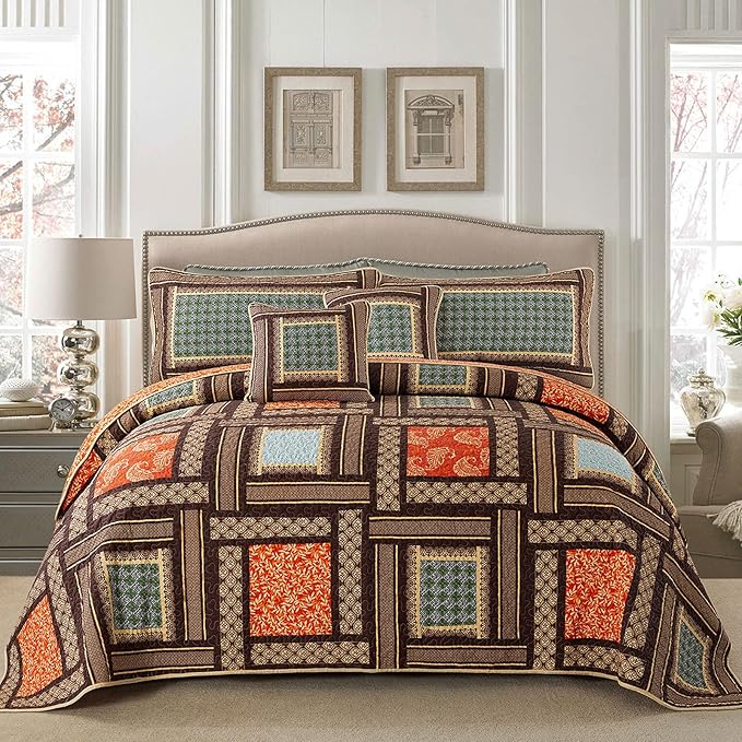 NEWLAKE Cotton Patchwork Bedspread, 3-Piece Bedding Quilt Set with Real Stitched Embroidery, Reversible Matelasse Bed Coverlet Set,Bohemian Farmhouse,Queen Size-Ruum Studio Home